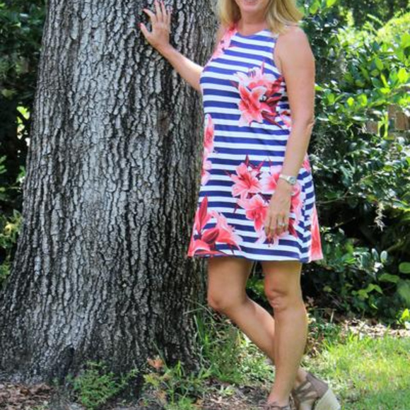 Blue Striped Dress with Red flowers - Picture 2 of 4